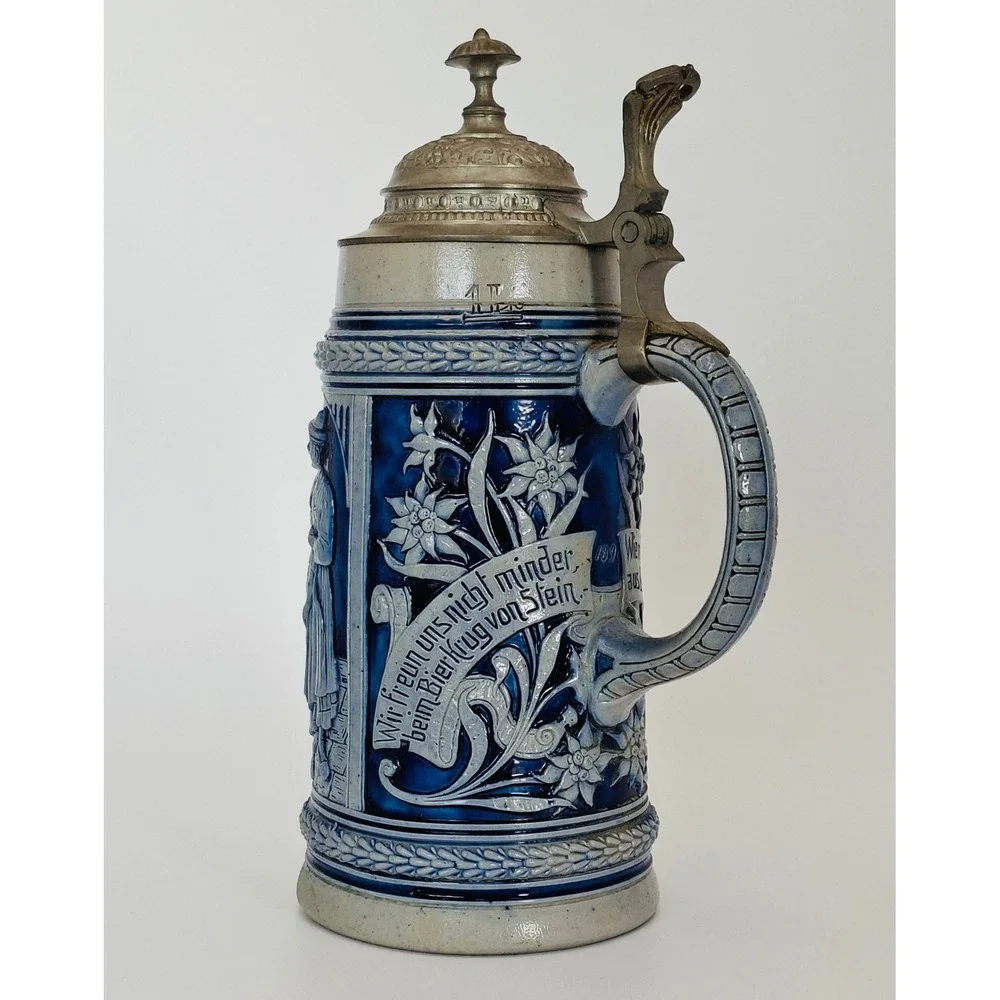 Vintage German 1L Beer Stein Cobalt Relief Pewter Lid #789 Einladung zum Tanz
